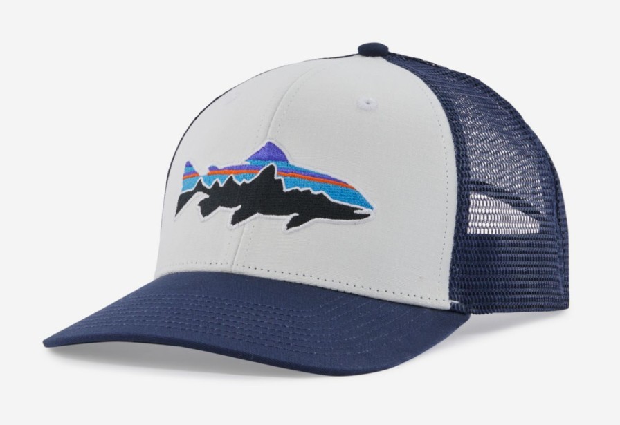 Apparel * | Patagonia Fitz Roy Trout Trucker Hat White W/New Navy Crazy Deals